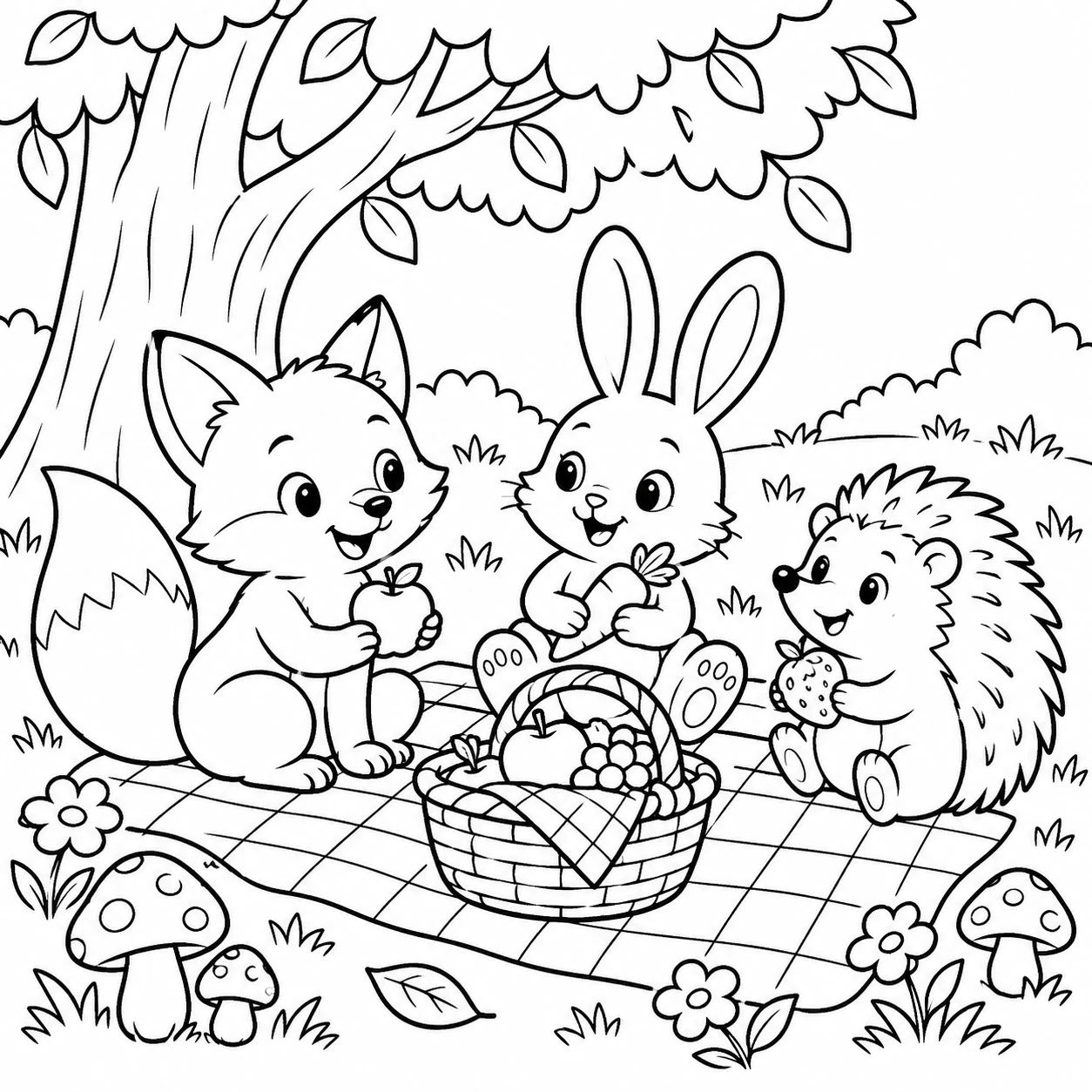 A picnic waiting for color — Line art children's illustration